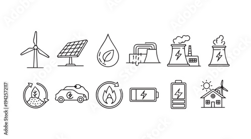 Energy Icons Set: Renewable Fossil Fuel Battery Electric Car Water Drop House Wind Turbine