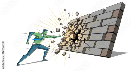 Man Breaking Through Brick Wall.