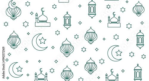 Ramadan Kareem Islamic Seamless Pattern Lantern Mosque Moon Star Teal Vector Background