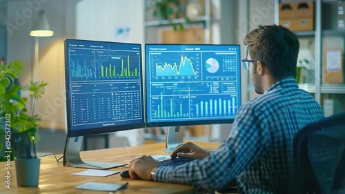 Concentrated man analyzing complex data on multiple computer screens
