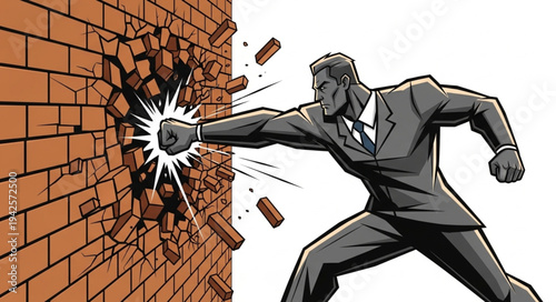 Businessman Breaking Through Brick Wall.
