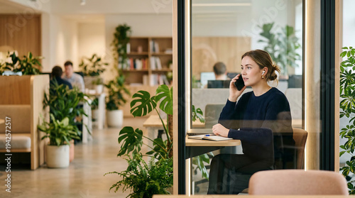 Young woman taking a phone call while seated in a quiet glass office booth with laptop notebook and plants nearby