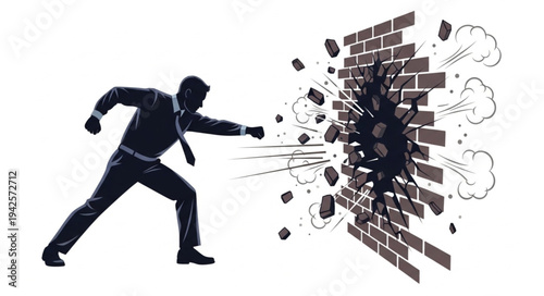 Man Breaking Through Brick Wall.