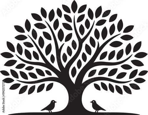 Minimalist black tree silhouette vector illustration, lush leaf branches spreading wide, two small birds at base, nature harmony symbol, elegant line art design.