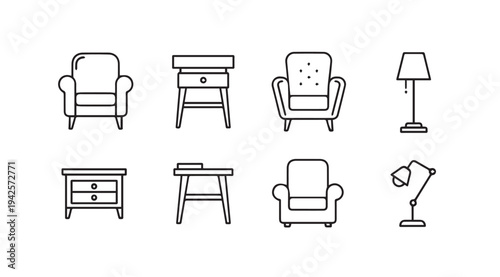 Furniture Icons Set: Armchairs Nightstands and Lamps Line Art Collection