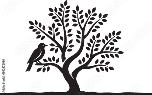 Minimalist black tree silhouette with bird perched on branch vector illustration, lush leaf canopy spreading elegantly, grounded base line, nature harmony and freedom symbol design.