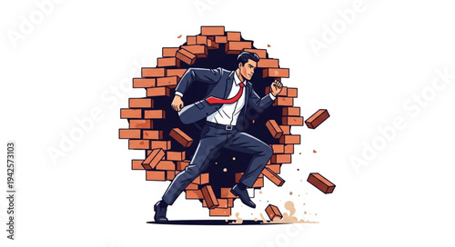 Man Breaking Through Brick Wall.