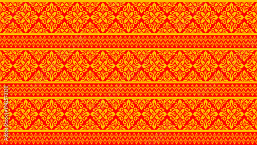 Sophisticated red and gold damask border pattern featuring ornate floral motifs and Victorian scrolls. Perfect for luxury branding, textile design, and elegant digital backgrounds.