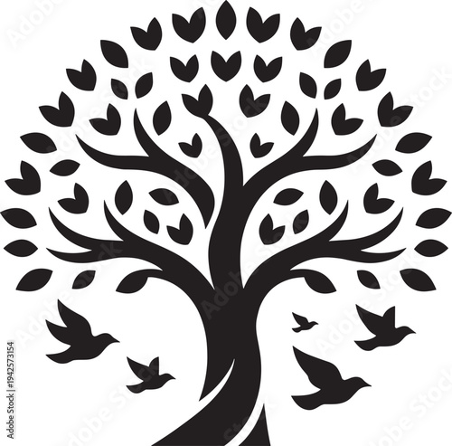 Romantic black heart leaf tree silhouette vector illustration, lush canopy filled with love hearts, birds flying freely around branches, symbol of joyful eternal love.