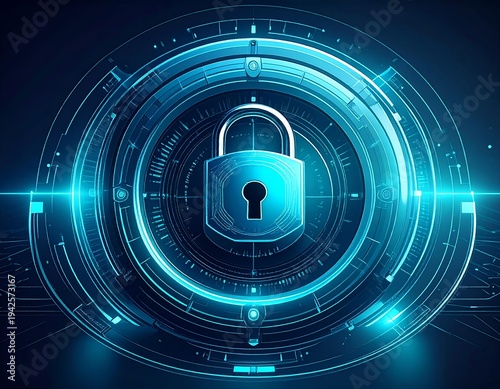 Futuristic Cybersecurity Padlock Interface – Digital Data Protection and Network Security Technology