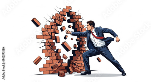 Man Breaking Through Brick Wall.