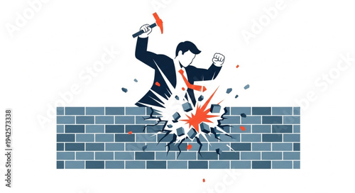 Man Breaking Through Brick Wall.