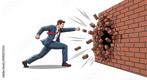 Man Breaking Through Brick Wall.