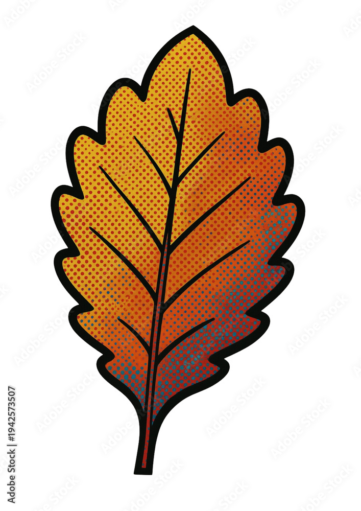 Fototapeta premium Stylized autumn leaf illustration in pop art halftone style with orange texture isolated on black background. Decorative nature element inspired by retro comic design.