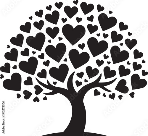 Romantic black heart tree silhouette vector illustration, full rounded canopy densely packed with love hearts, elegant curved trunk, symbol of abundant eternal love.