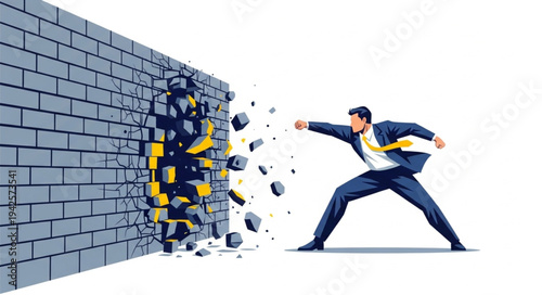 Man Breaking Through Brick Wall.