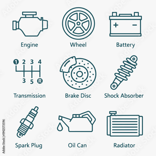 A set of Vehicle parts icons focuses on simplicity, elegance, and ease of recognition. Vector Sign for Logos, Labels, and Icons