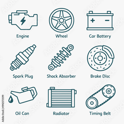 A set of Vehicle parts icons focuses on simplicity, elegance, and ease of recognition. Vector Sign for Logos, Labels, and Icons