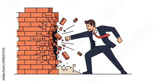 Businessman Breaking Through Brick Wall.