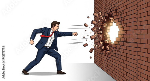 Man Breaking Through Brick Wall.
