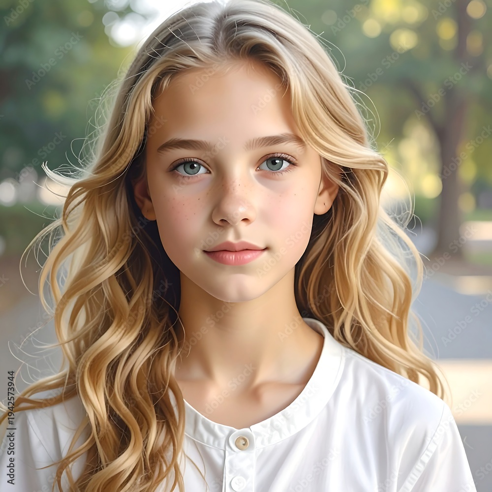 Fototapeta premium A young girl with long blonde hair and blue eyes smiling slightly