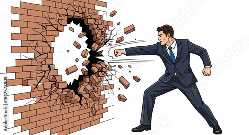 Businessman Breaking Through Brick Wall.
