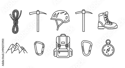 A collection of black and white line icons representing climbing gear including rope axe helmet boots mountain carabiner backpack and compass