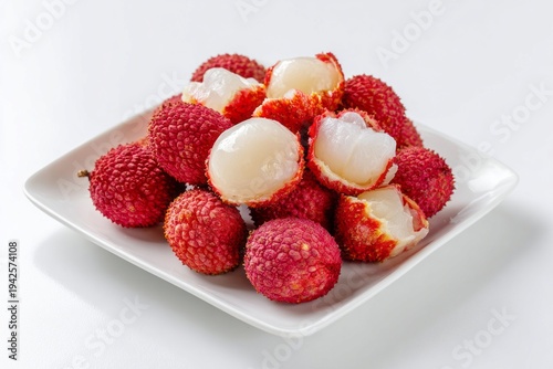 Fresh lychees, peeled and arranged, sit on a white plate
