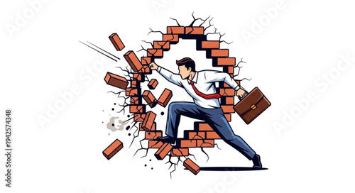 Man Breaking Through Brick Wall.