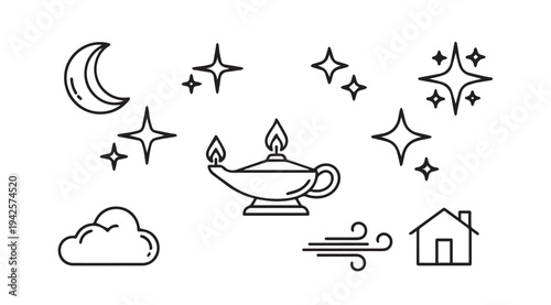 Night Sky Elements with Moon Stars Cloud Lamp Wind and House Icons