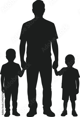 Father holding hands with two young children silhouette vector parent