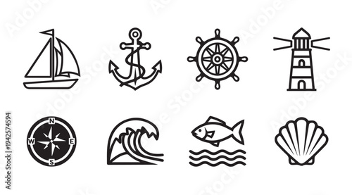 Nautical Icons Collection: Sailboat Anchor Wheel Lighthouse Compass Wave Fish ShellLine Art
