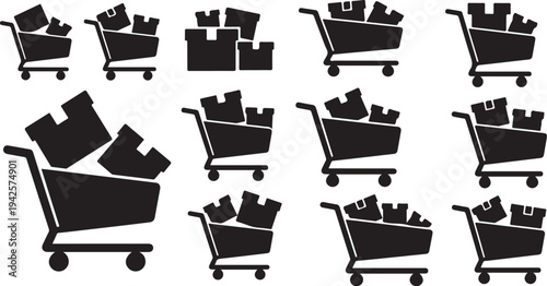 Shopping carts filled with boxes on white background