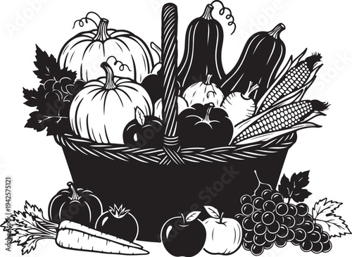 Harvest basket filled with vegetables and fruits illustration