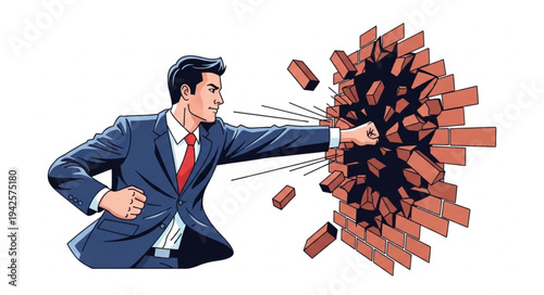 Man Breaking Through Brick Wall.