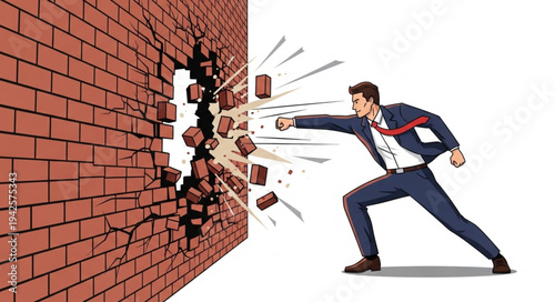 Businessman Breaking Through Brick Wall.