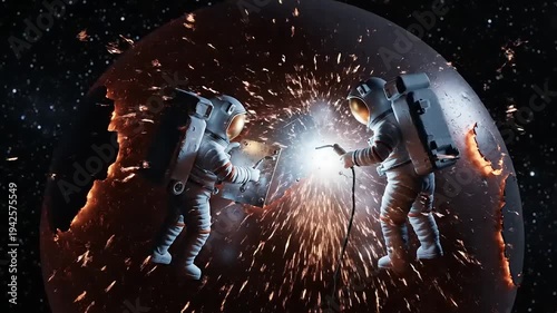 Space Repair: Astronauts Welding a Damaged Planet