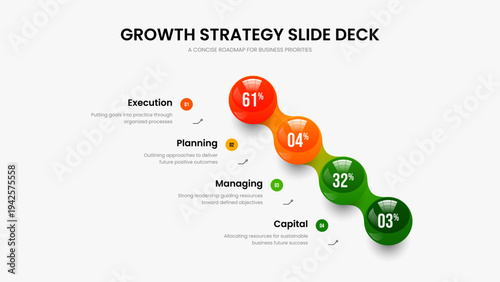 Market Overview Slideshow Design Vector Illustration. Financial Analysis Four Option Infographic Slide Layout. Business Growth 4 Element Graph Presentation Template.