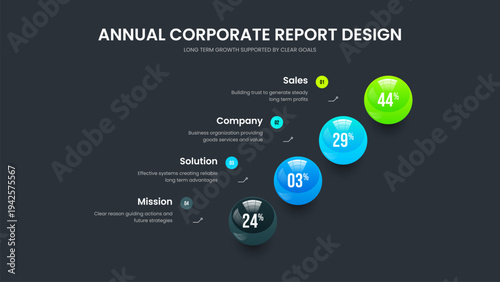 Product Insight Slideshow Design Vector Illustration. Marketing Portfolio 4 Step Diagram Slide Template. Digital Launch Four Element Chart Presentation Layout.