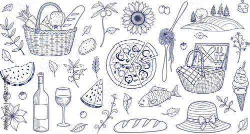Hand Drawn Picnic Elements Set Featuring Basket, Pizza, Bread, Wine Bottle, Watermelon, Fish, Flowers and Summer Outdoor Food Illustration