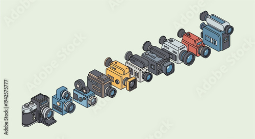 An isometric illustration depicting the evolution of video cameras from vintage camcorders to modern digital models, arranged diagonally.