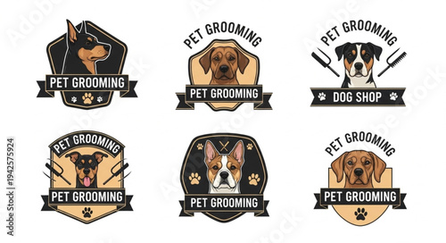 Collection of Pet Grooming Logos Featuring Various Dog Breeds.