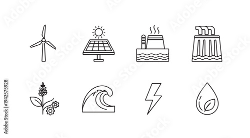 Renewable Energy Icons: Wind Solar Wave Hydro Biomass and Electricity Symbols