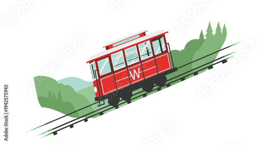 Illustration of a red trolley moving along a track with green trees in the background, conveying a sense of motion with a simple and colorful style.