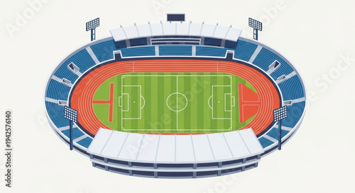 Aerial View of a Large Sports Stadium with Running Track.