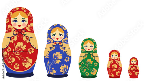 Set of traditional Russian matryoshka dolls in various colorful outfits on a white background.