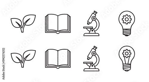 Science Education Icons: Plant Book Microscope LightbulbStock Graphics