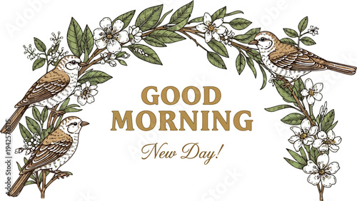 Birds Perched On Blossom Branch Greeting Good Morning New Day Vector