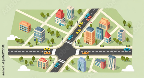 Isometric Cityscape Illustration with Buildings, Roads, and Traffic.