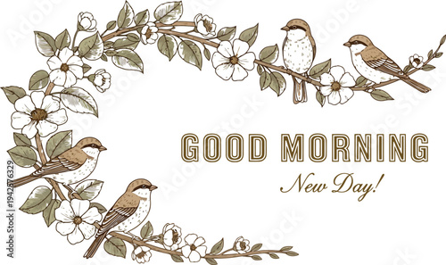 Birds Sitting On Floral Branches Good Morning Text Vector Illustration